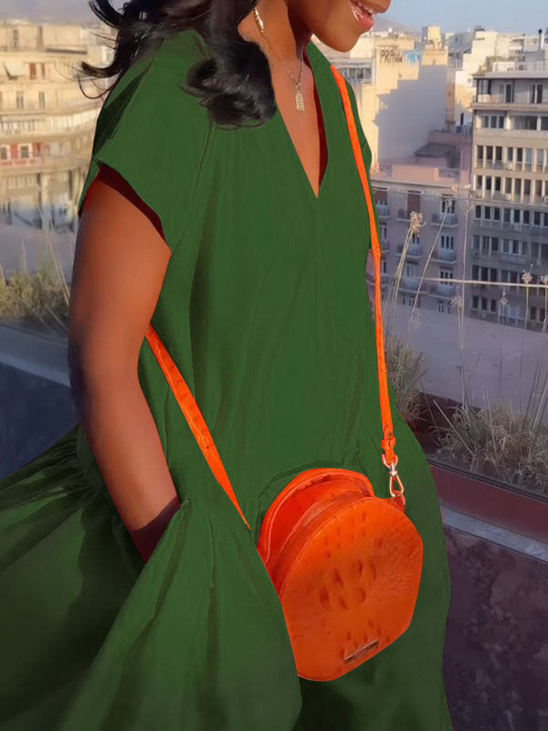 Pleated Pockets Solid Color Split-Joint Loose Short Sleeves V-Neck Maxi Dresses