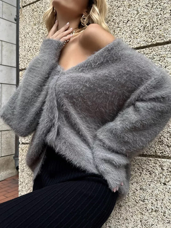 Buttoned Solid Color Long Sleeves Loose V-Neck Cardigan Tops