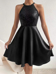 Sequined Solid Color Split-Joint Zipper Sleeveless Round-neck Mini Dresses