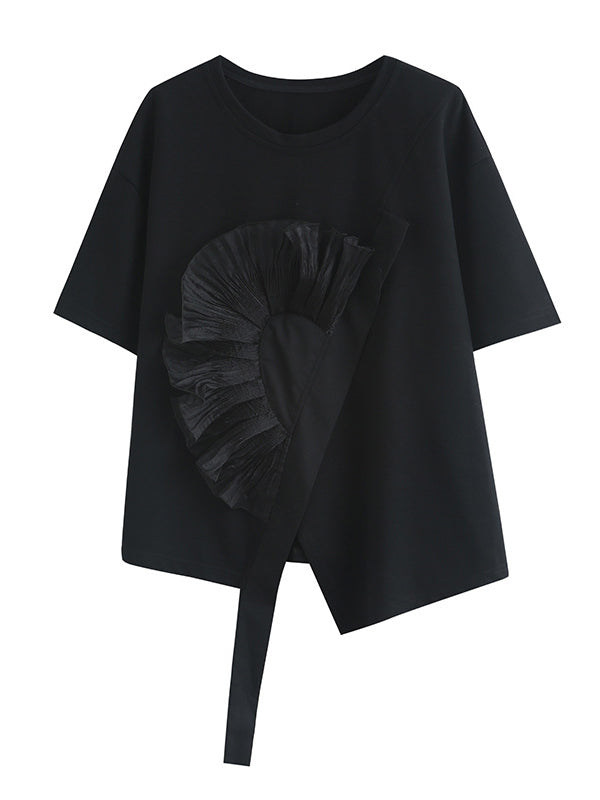 Stylish Black White Irregular Applique T-Shirt