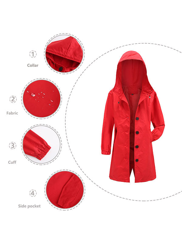 Buttoned Drawstring Elasticity Hooded Pockets Split-Back Waterproof Long Sleeves Loose High-Neck Trench Coats