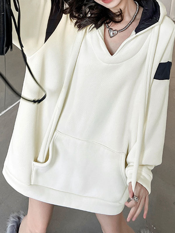 Contrast Color Drawstring Pockets Velvet Long Sleeves Loose Hoodies Tops