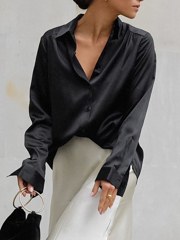 Solid Color Split-Joint Long Sleeves Loose Lapel Blouses