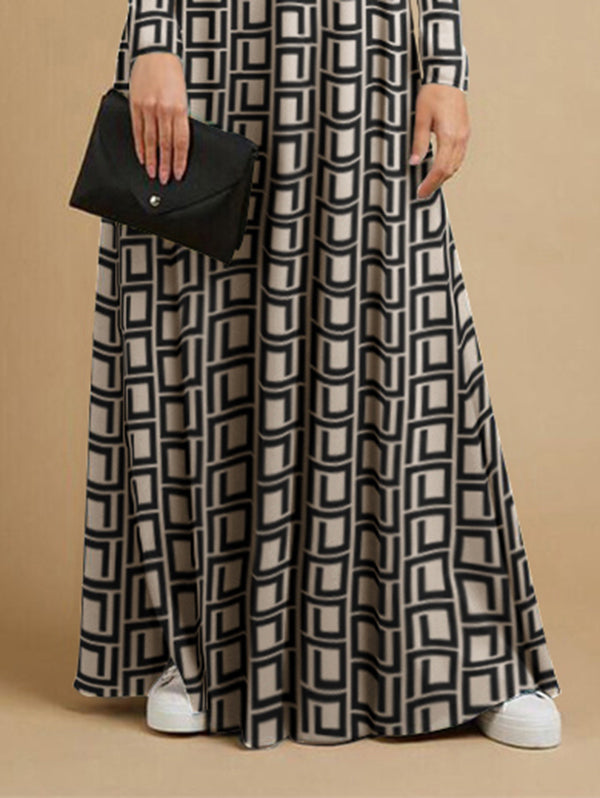 Long Sleeves Loose Printed High Neck Maxi Dresses