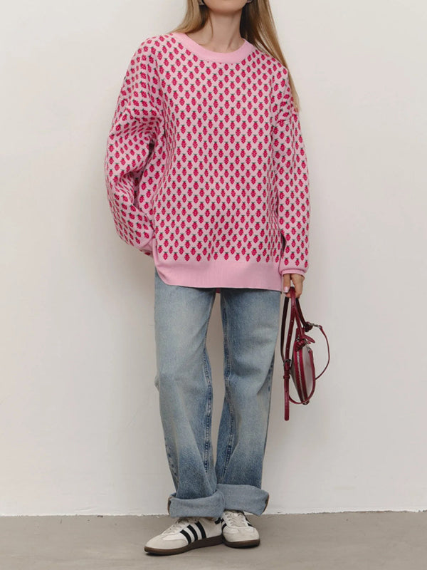 Pleated Split-Joint Long Sleeves Loose Round-Neck Sweater Tops