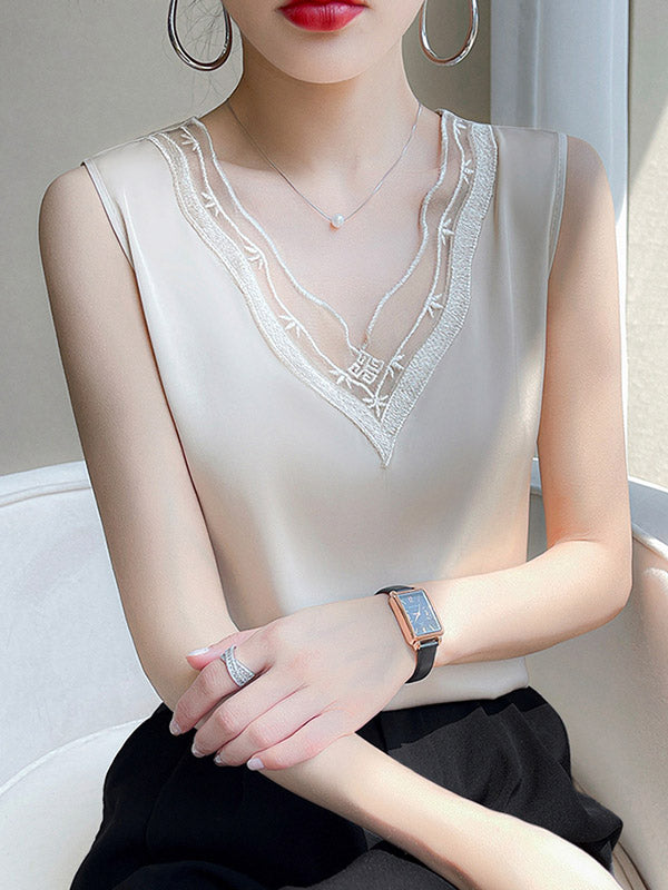 Solid Color Split-Joint Loose Sleeveless V-Neck Vest Top