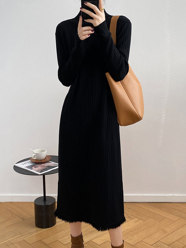 Fringed Solid Color Long Sleeves Loose Mock Neck Sweater Dresses Midi Dresses