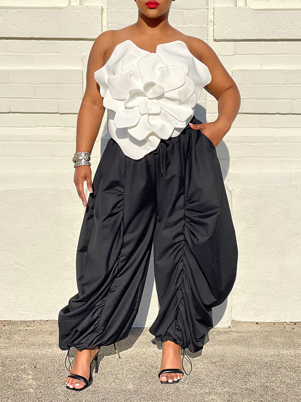 Drawstring Pleated Solid Color Split-Joint High Waisted Loose Trousers Pants