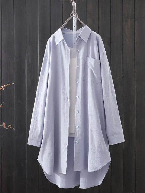 Solid Color High-low Long Sleeves Lapel Shirts Tops