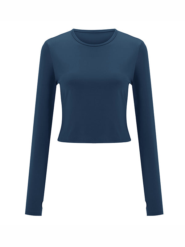 Hollow Solid Color Long Sleeves Skinny Round-Neck T-Shirts Tops