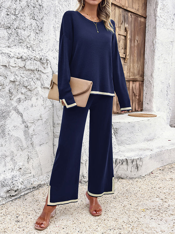 Contrast Color Long Sleeves Split-Joint Split-Side Round-Neck High-Low Sweater Tops +  Pants Bottom Two Pieces Set