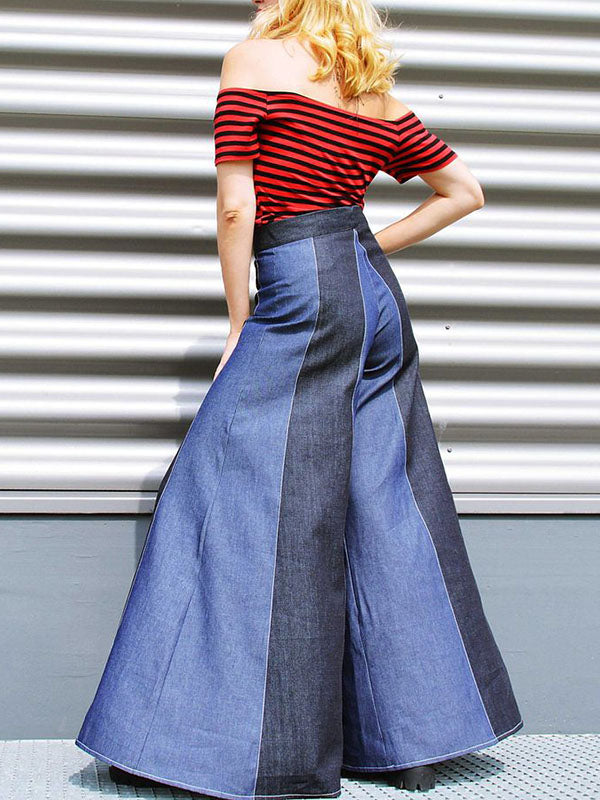 Contrast Color Zipper High Waisted Loose Jean Pants Bottoms Flared Trousers