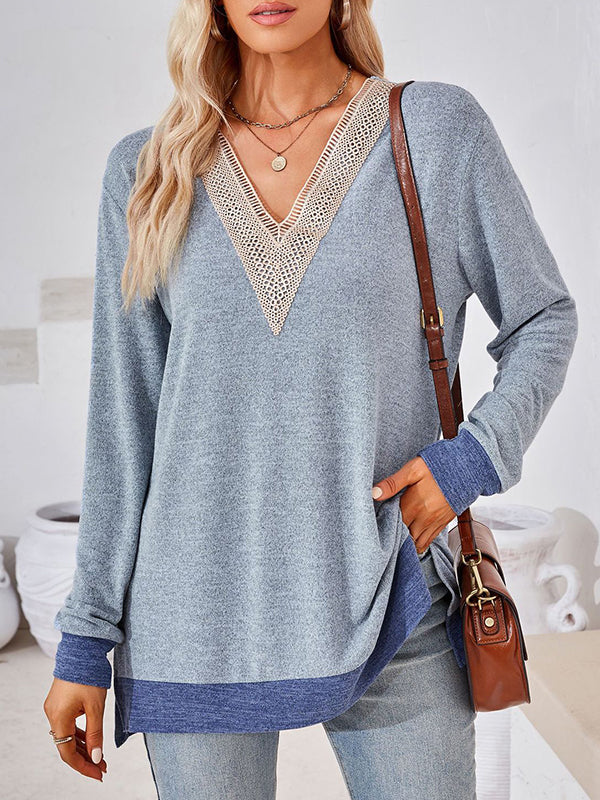 Hollow Split-Joint Split-Side Long Sleeves Loose V-Neck T-Shirts Tops