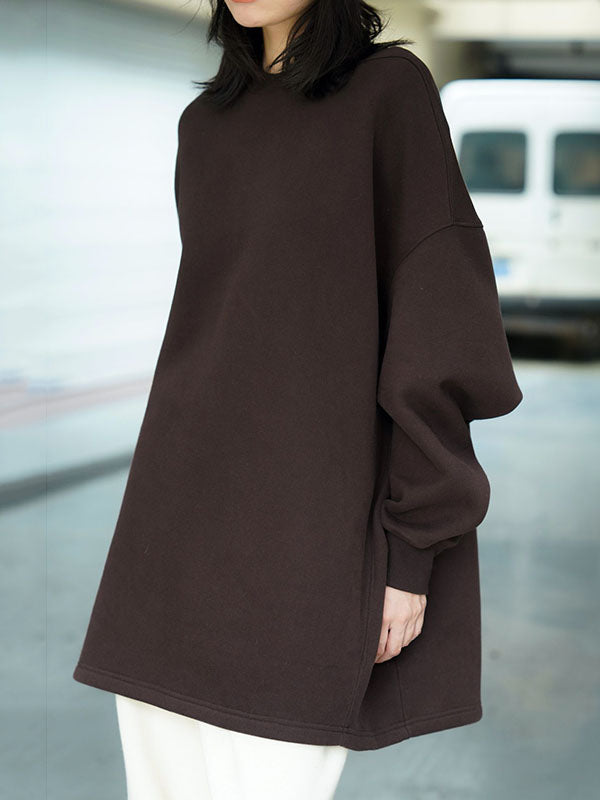 Casual Long Sleeves Loose Velvet Solid Color Round-Neck Sweatshirt Tops