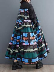 Buttoned Pleated Printed Split-Joint A-Line Long Sleeves Lapel Midi Dresses