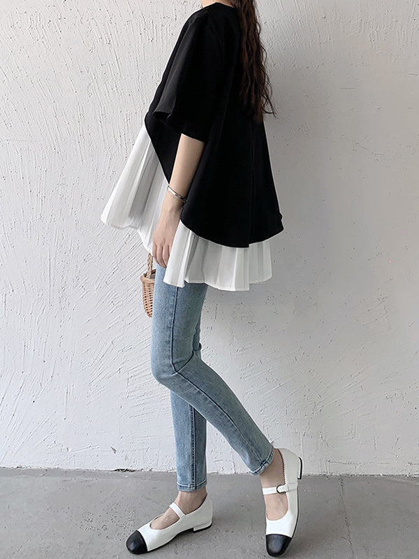 Split-Joint Half Sleeves Irregularity Round-Neck T-Shirts Tops