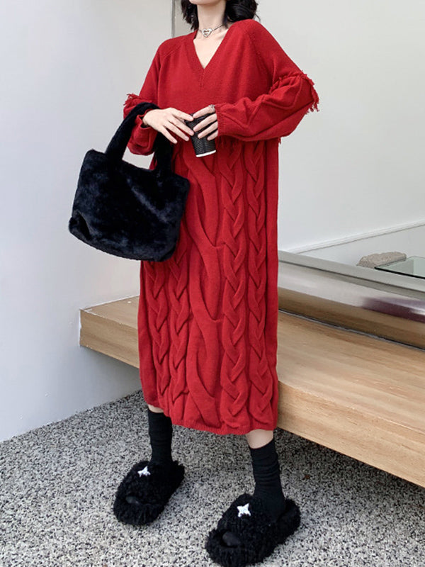 Solid Color Split-Joint Tasseled Long Sleeves Loose V-Neck Sweater Dresses Midi Dresses