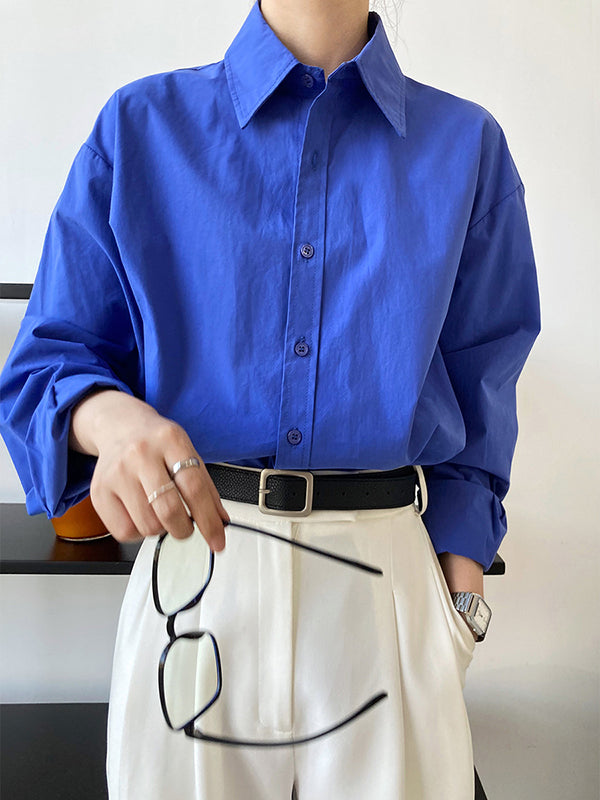Simple Loose Long Sleeves Buttoned Solid Color Lapel Collar Blouses&Shirts Tops