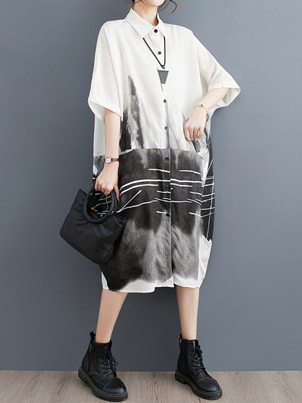 Pockets Printed Half Sleeves Loose Lapel Midi Dresses