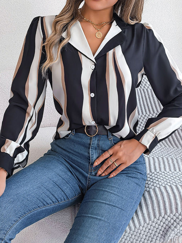 Buttoned Contrast Color Printed Long Sleeves Loose Notched Collar Blouses&Shirts Tops