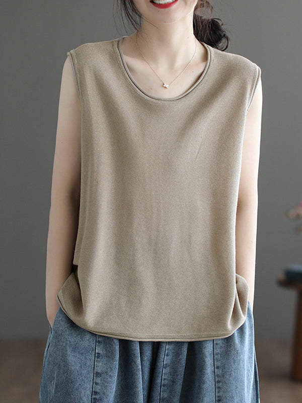 Solid Color Loose Sleeveless Round-neck Knitting Vest Top