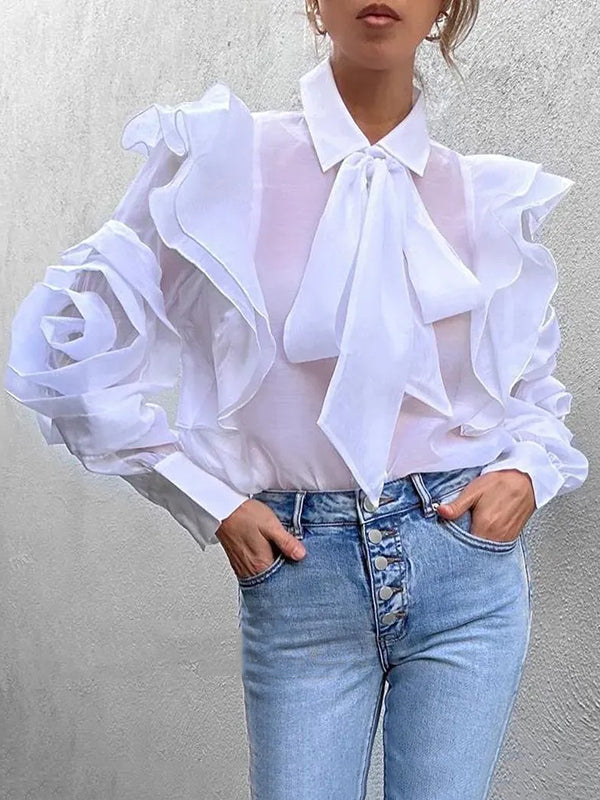 Gauze See-Through Split-Joint Tiered Loose Puff Sleeves Lapel Blouses&shirts Tops