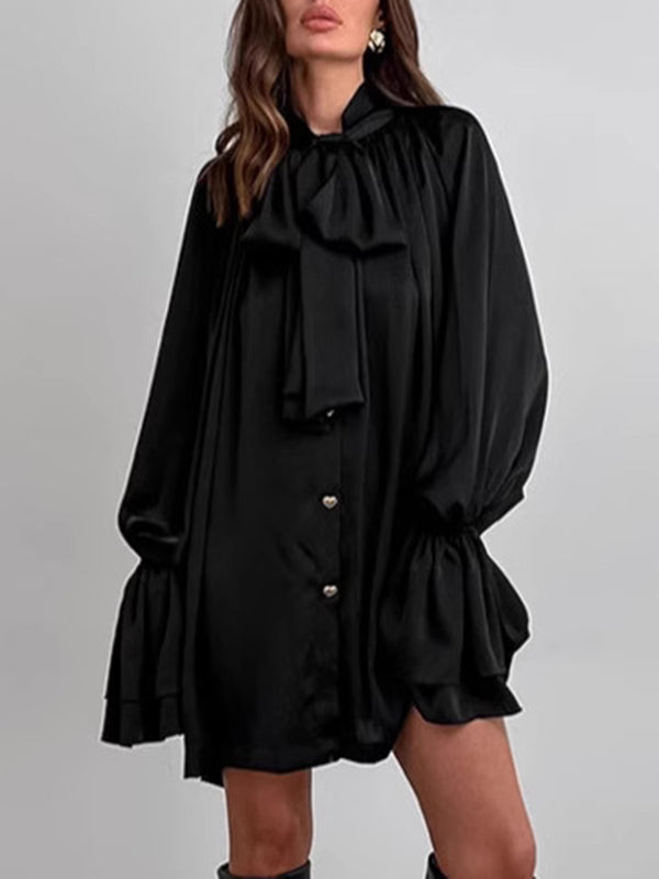 Buttoned Elasticity Pleated Solid Color Tied Zipper A-Line Flared Sleeves Stand Collar Mini Dresses