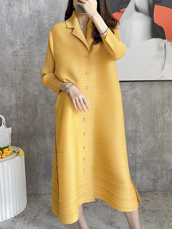 Solid Color Pleated Long Sleeves Shirt Dress Midi Dress