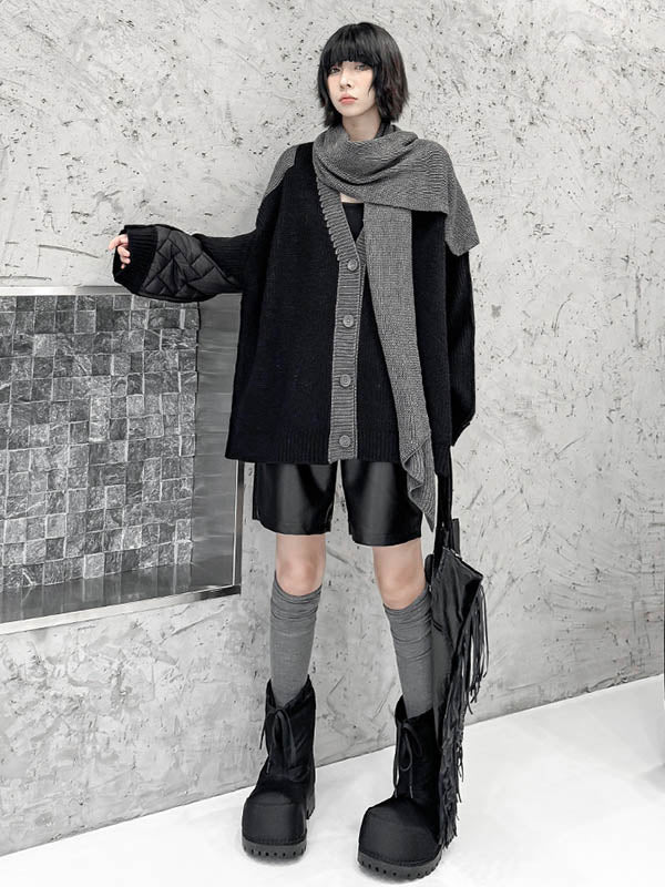 Buttoned Contrast Color Reversible Split-Joint Long Sleeves Loose Collarless Outerwear Cardigan Tops