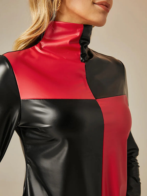 Long Sleeves Skinny Asymmetric Contrast Color High Neck T-Shirts Tops