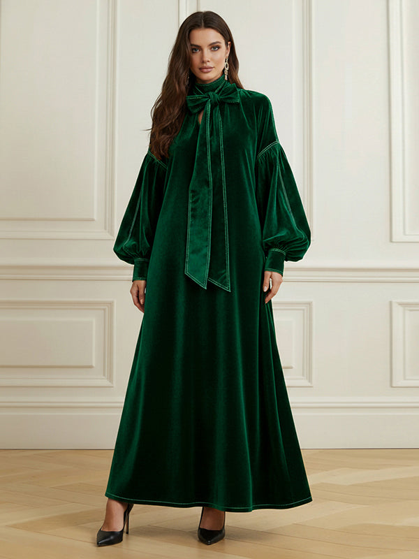 A-Line Long Sleeves Bow-Embellished Pleated Solid Color Split-Joint High Neck Maxi Dresses