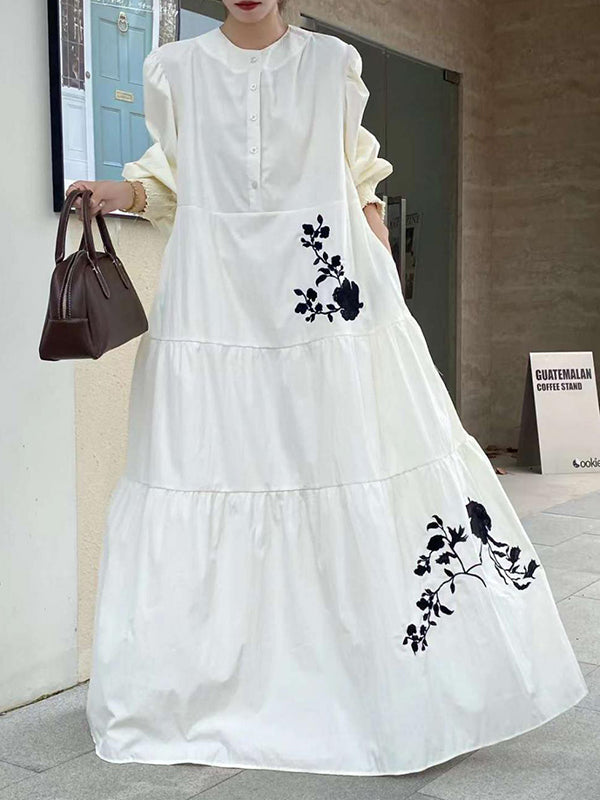 Buttoned Embroidered Pleated Pockets Split-Joint Tied Waist High Waisted Long Sleeves Round-Neck Maxi Dresses
