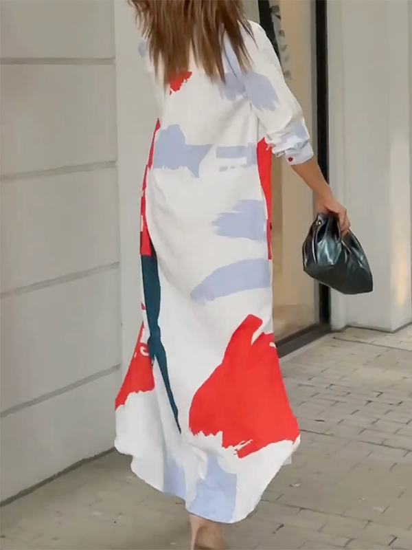 Printed Long Sleeves Loose Lapel Collar Maxi Dresses