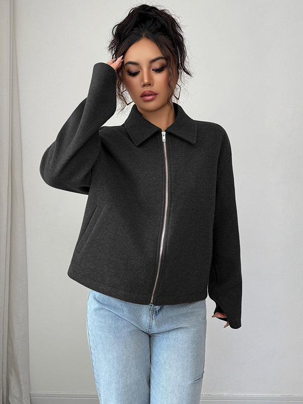 Solid Color Zipper Long Sleeves Loose Lapel Outerwear