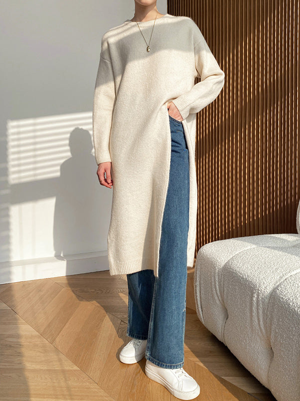 Loose Split-Side Solid Color Round-Neck Knitting Sweater Dresses