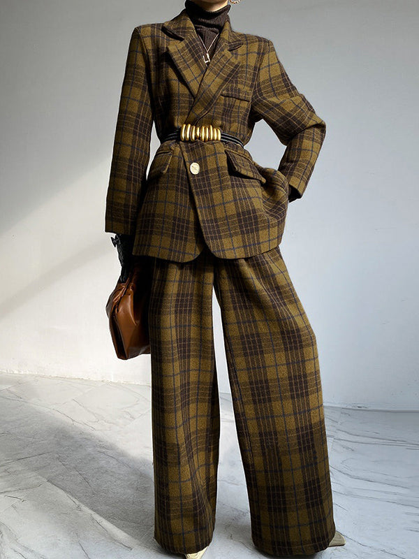 Plaid Split-Joint Lapel Woolen Coat Jackets