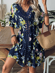 Flower Print Hollow Loose Short Sleeves V-Neck Mini Dresses Cover-Up