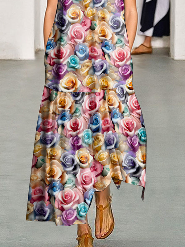 Flower Print Pleated Pockets Loose Sleeveless Round-Neck Midi Dresses