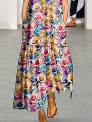 Flower Print Pleated Pockets Loose Sleeveless Round-Neck Midi Dresses