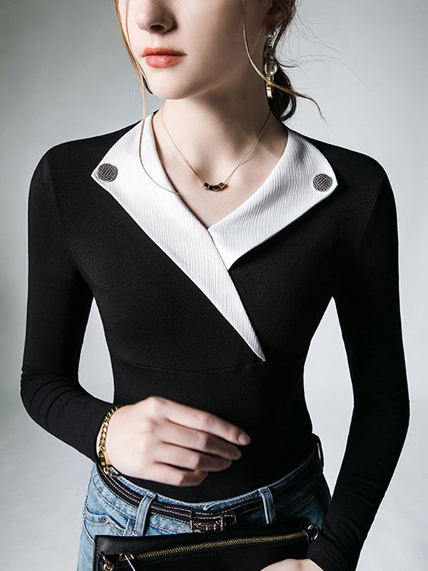 Asymmetric Buttoned Long Sleeves Skinny V-Neck T-Shirts Tops