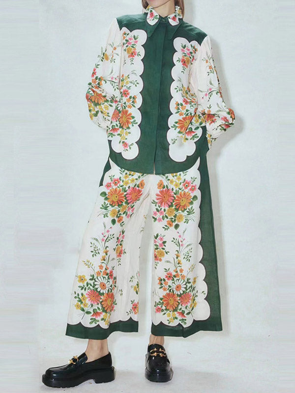Buttoned Long Sleeves Flower Print Lapel Shirts Top + High Waisted Pants Bottom Two Pieces Set