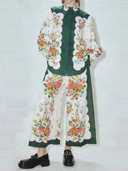 Buttoned Long Sleeves Flower Print Lapel Shirts Top + High Waisted Pants Bottom Two Pieces Set