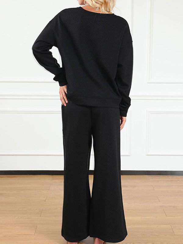 Round-Neck Long Sleeves Loose Solid Color Shirts Top + Drawstring Pants Bottom Two Pieces Set