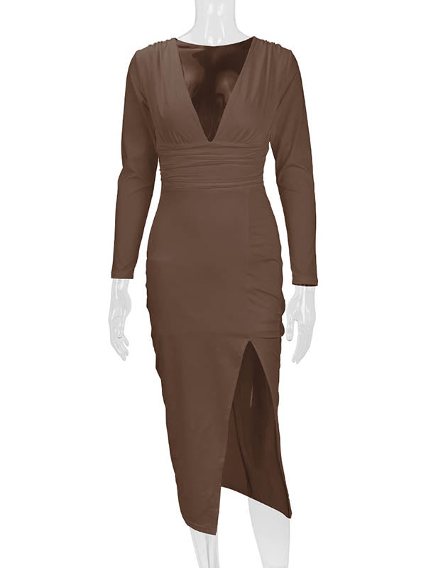 Pleated Solid Color Split-Joint Split-Side Bodycon Elasticated Waist Deep V-Neck Midi Dresses