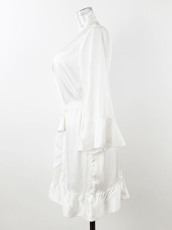 Falbala Ribbed Solid Color Loose V-neck Robes Intimates&Pajamas