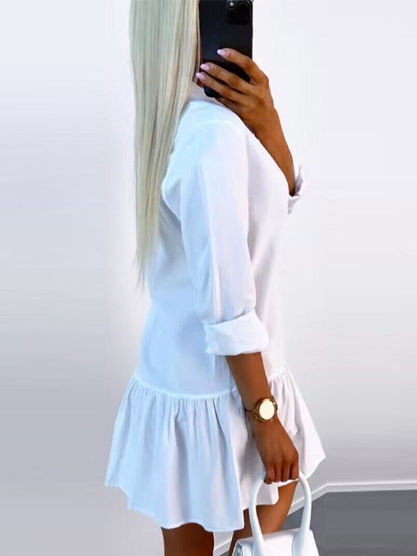 Buttoned Pleated Solid Color Split-Joint Long Sleeves Loose Lapel Shirt Dress Mini Dresses