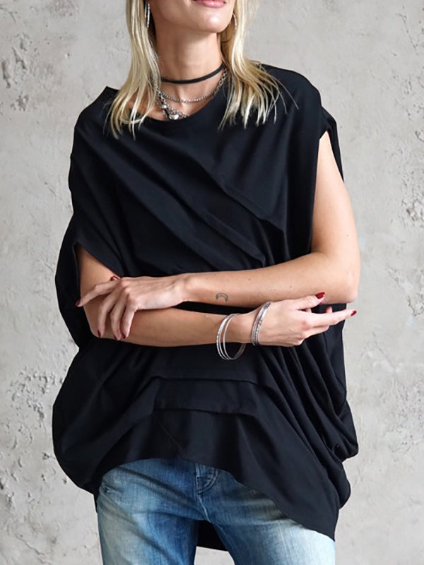 Pleated Solid Color High-low Loose Round-neck T-Shirts Tops