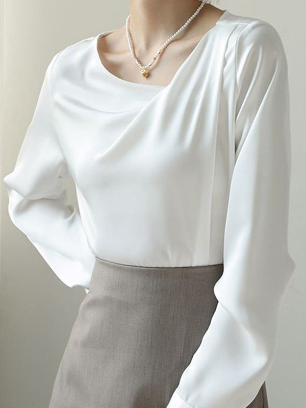 Asymmetric Pleated Solid Color Split-Joint Long Sleeves Loose V-Neck Blouses&Shirts Tops