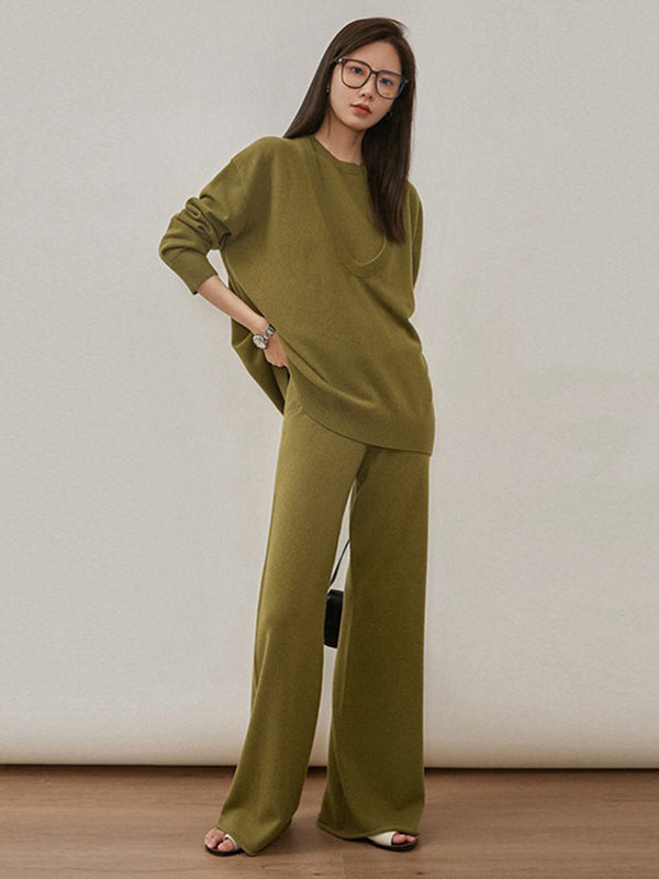 Urban Loose Solid Round-Neck Vest Top& V-Neck Sweater Tops& Wide Leg Pants Three-Piece Set