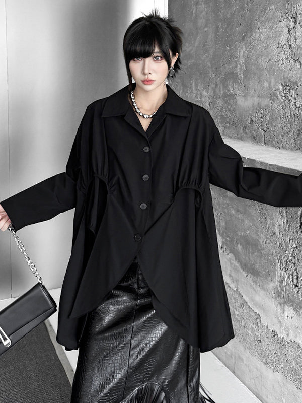 Buttoned Pleated Solid Color Split-Joint High-Low Irregularity Shirt Collar Blouses&Shirts Tops